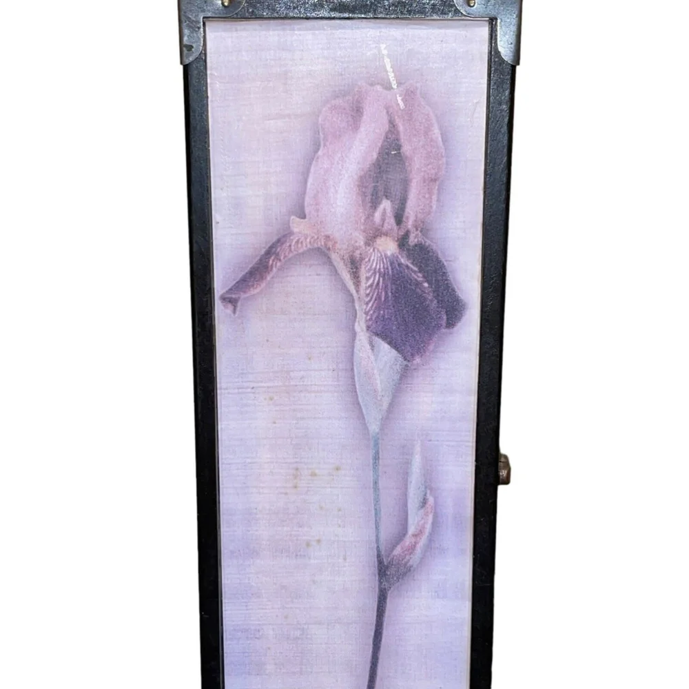 90s VTG Bottle Holder Iris Floral Image Barware Wine Holder Wine Gift Box Wood‎